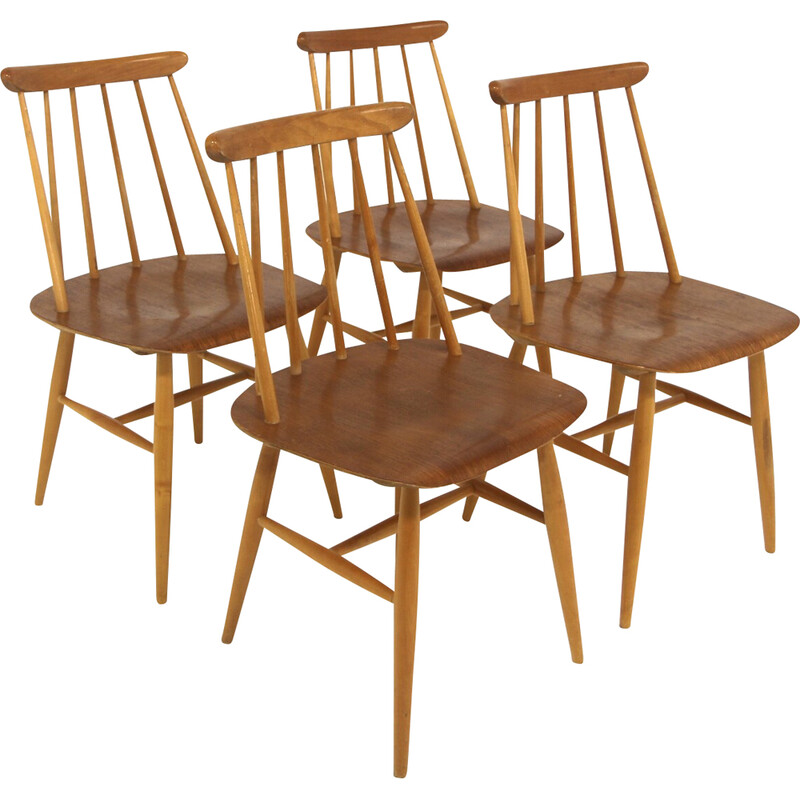 Set di 4 sedie vintage "Fanett" in teak e faggio di Ilmari Tapiovaara per La Maison Edsbyverken, Svezia 1960