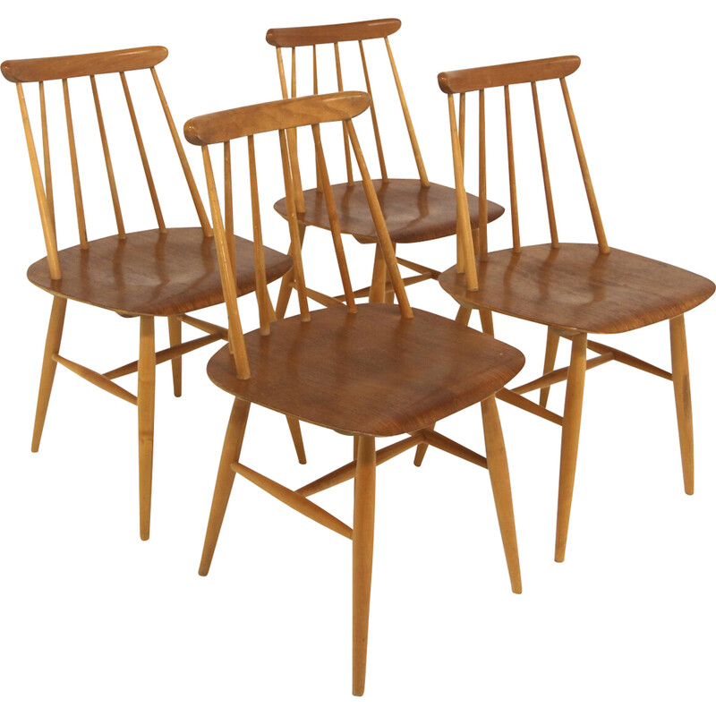 Set of 4 vintage "Fanett" chairs in teak and beech by Ilmari Tapiovaara for La Maison Edsbyverken, Sweden 1960