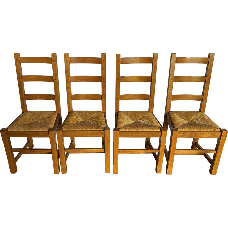 Lot de 4 chaises rustique vintage en chêne massif et assise en paille, 1950