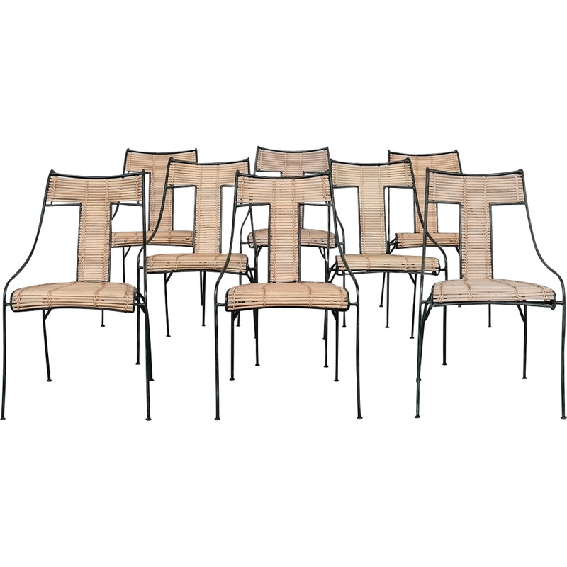 Ensemble de 8 chaises à repas vintage par Lysberg Hansen et Therp en fer et bambou, Danemark 1970