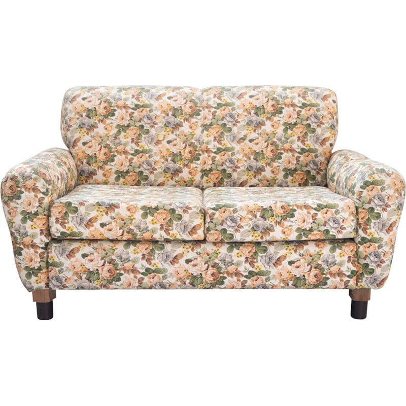 Vintage 2-seater sofa in wood and floral fabric, 1970