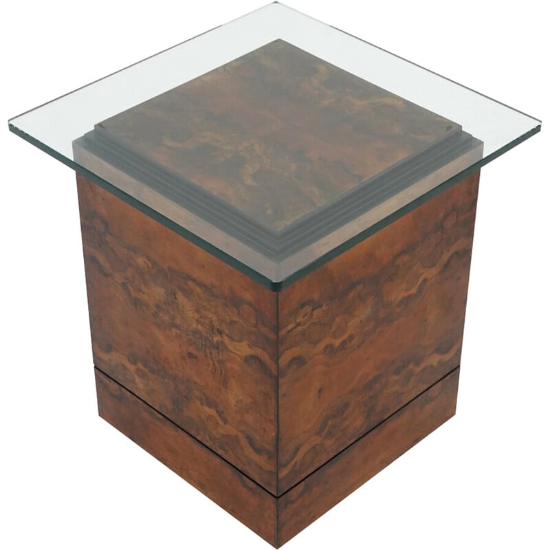 Table basse vintage carrée en placage de bois de bruyère et verre, Italie 1930