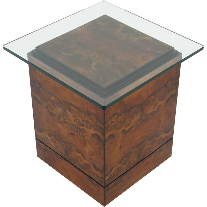 Vintage square coffee table in briar wood veneer and glass, Italy 1930