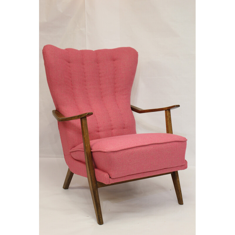 Pink Scandinavian armchair in solid oak edited by Lelievre- 1950s