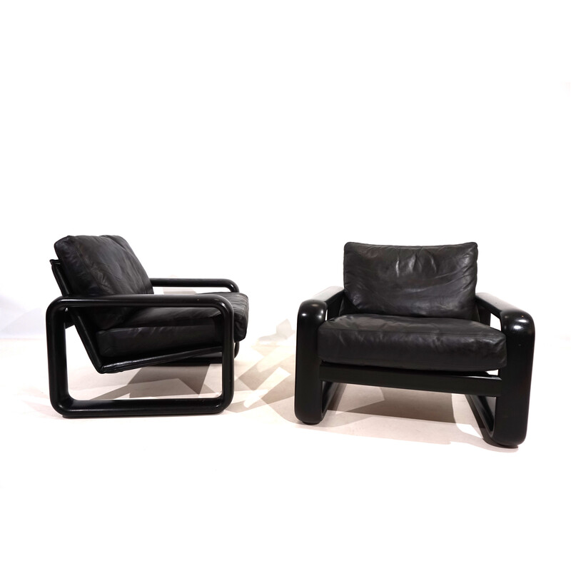 Pair of vintage armchairs in black wood and black leather by Burkhard Vogtherr for Rosenthal, 1970