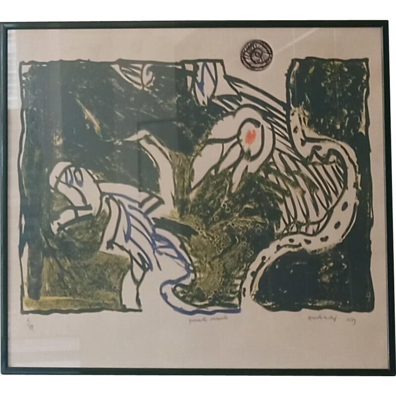 Litografia d'epoca di una rana errante di Pierre Alechinsky, 1979
