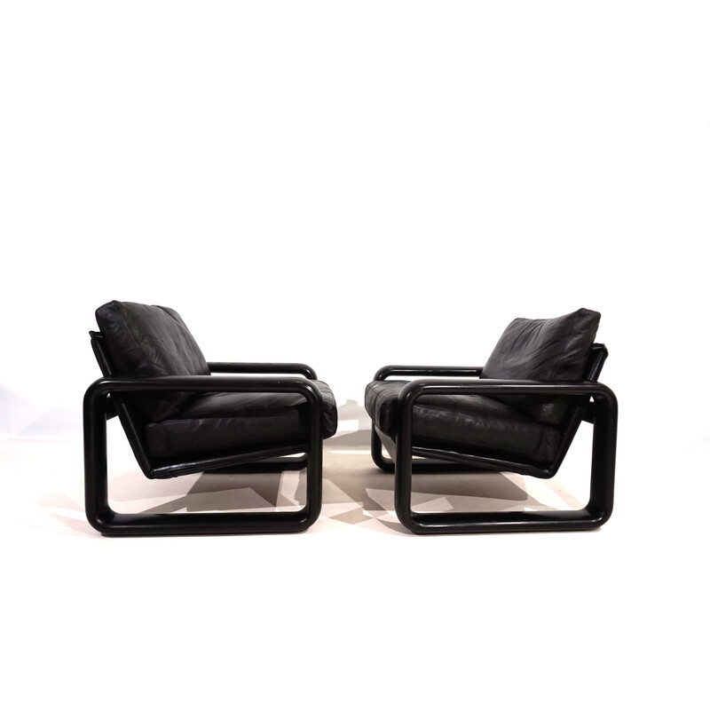 Paar vintage fauteuils in zwart hout en zwart leer van Burkhard Vogtherr voor Rosenthal, 1970
