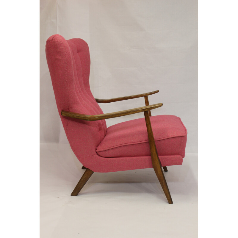 Pink Scandinavian armchair in solid oak edited by Lelievre- 1950s