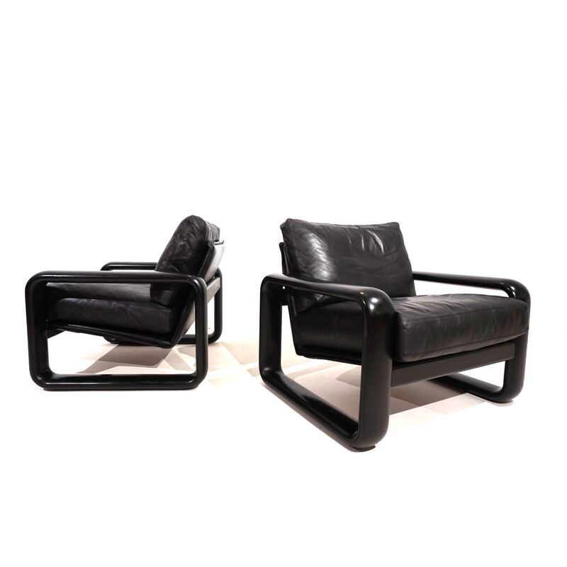 Pair of vintage armchairs in black wood and black leather by Burkhard Vogtherr for Rosenthal, 1970