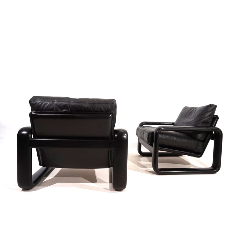 Pair of vintage armchairs in black wood and black leather by Burkhard Vogtherr for Rosenthal, 1970