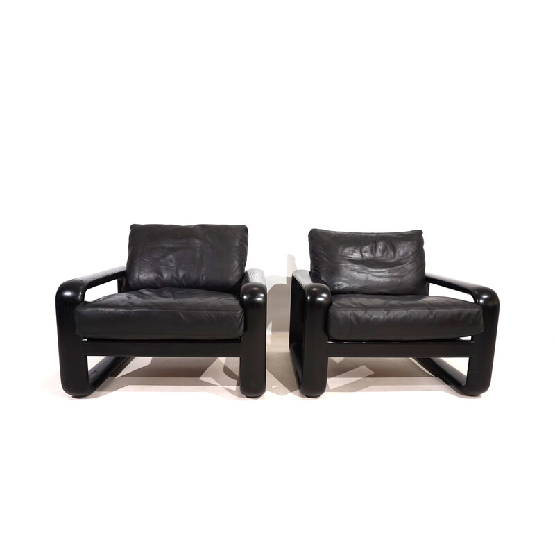 Paire de fauteuils vintage en bois noir et cuir noir par Burkhard Vogtherr pour Rosenthal, 1970