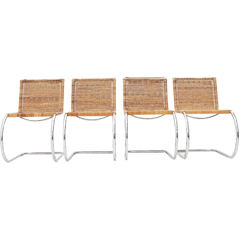 Set di 4 sedie vintage MR10 in acciaio cromato e rattan intrecciato di Mies Van der Rohe, Italia 1990