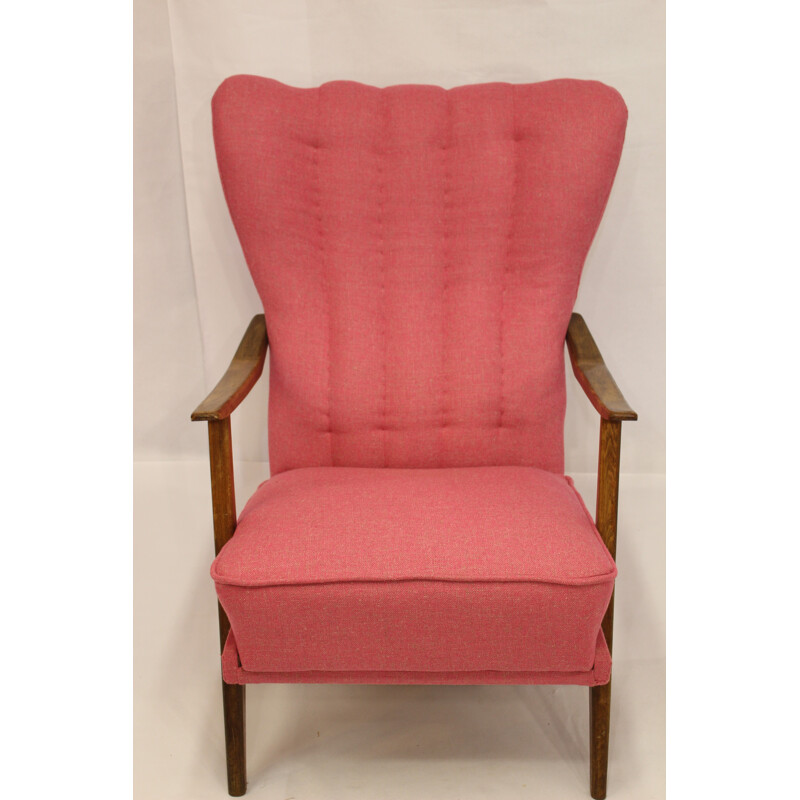 Pink Scandinavian armchair in solid oak edited by Lelievre- 1950s