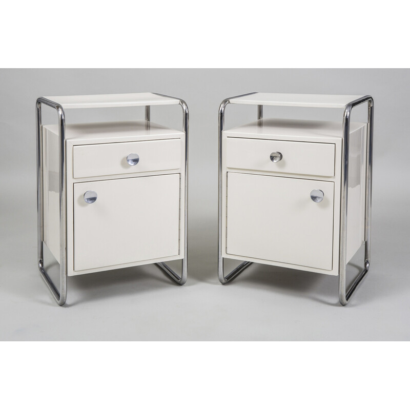 Pair of vintage Bauhaus bedside tables in chrome steel and lacquered wood for Sab, Czechoslovakia 1930