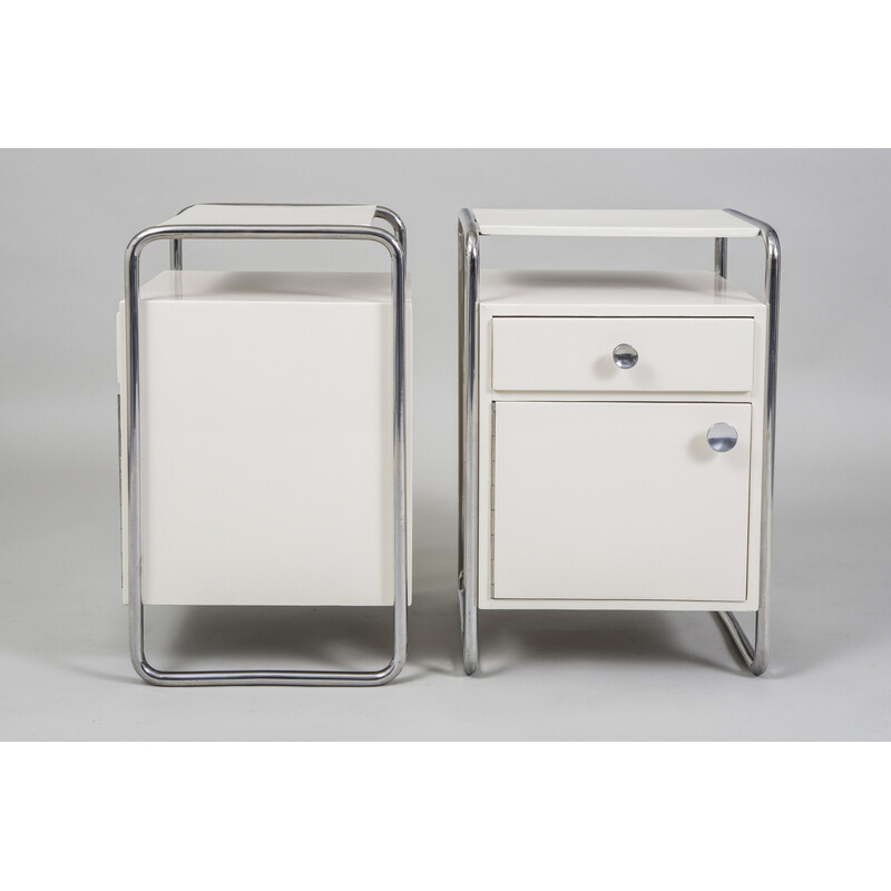 Pair of vintage Bauhaus bedside tables in chrome steel and lacquered wood for Sab, Czechoslovakia 1930