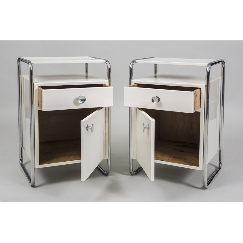 Pair of vintage Bauhaus bedside tables in chrome steel and lacquered wood for Sab, Czechoslovakia 1930