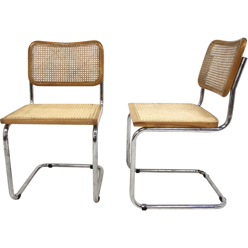 Pair of vintage "B32" chairs in beech and canework by Marcel Breuer, Italy 1990