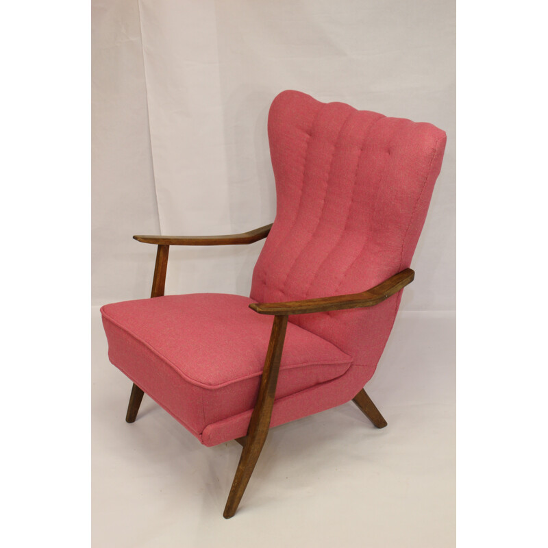 Fauteuil scandinave rose en chêne massif édité par Lelievre - 1950