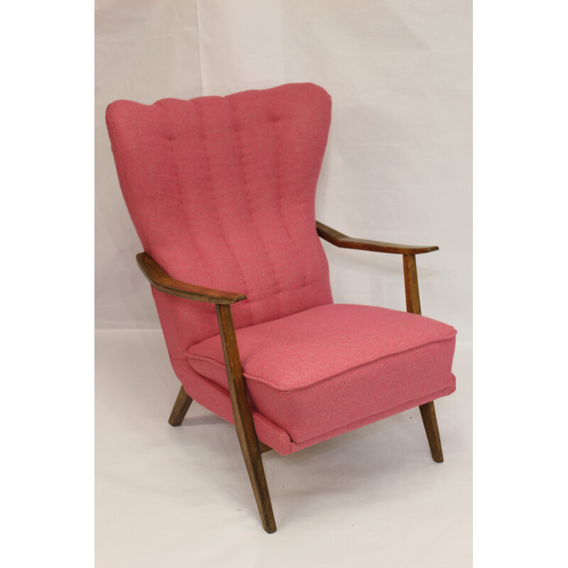 Pink Scandinavian armchair in solid oak edited by Lelievre- 1950s