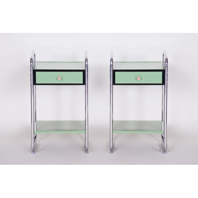 Pair of vintage Bauhaus bedside tables in chrome steel and lacquered wood, Czechoslovakia 1930