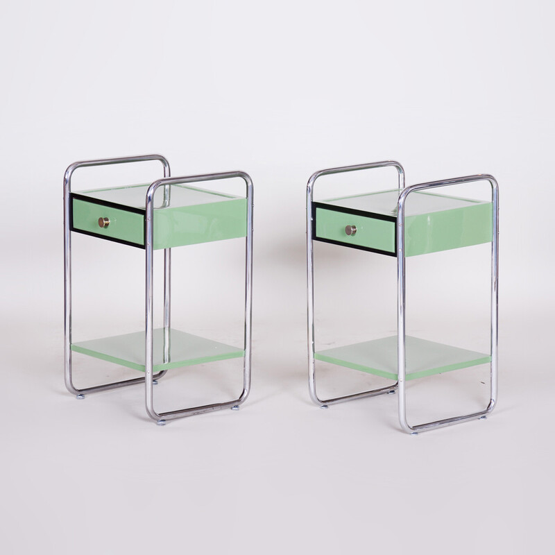 Pair of vintage Bauhaus bedside tables in chrome steel and lacquered wood, Czechoslovakia 1930