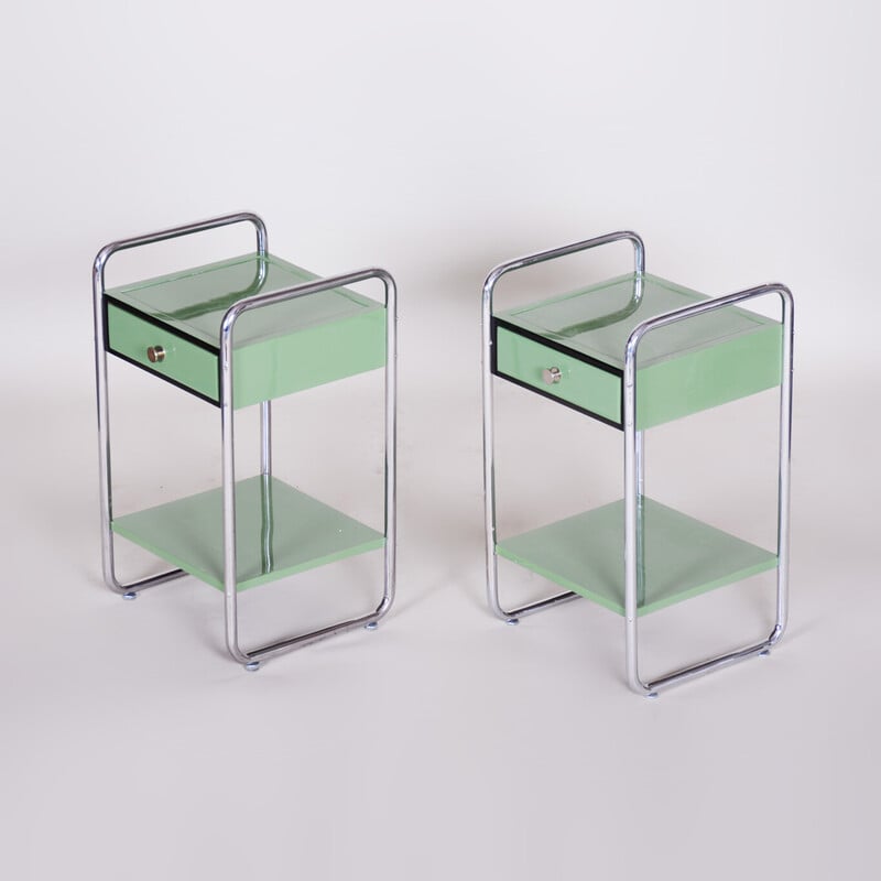 Pair of vintage Bauhaus bedside tables in chrome steel and lacquered wood, Czechoslovakia 1930