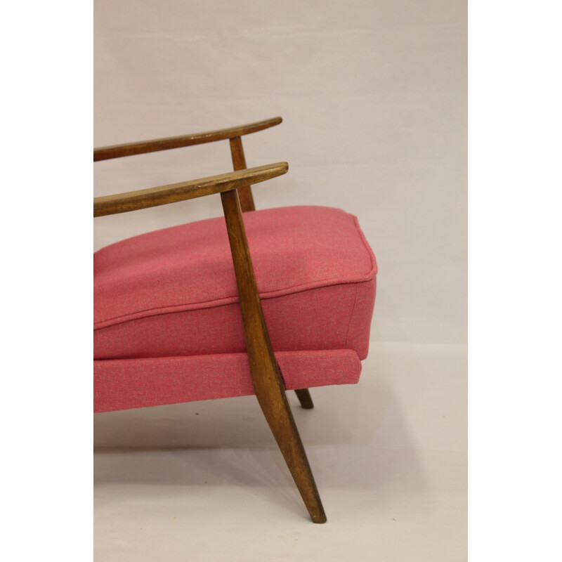 Pink Scandinavian armchair in solid oak edited by Lelievre- 1950s
