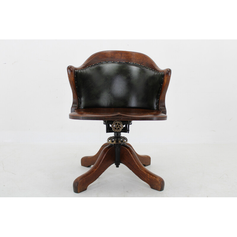 Vintage reclining office chair in oak and green leather, Germany 1930