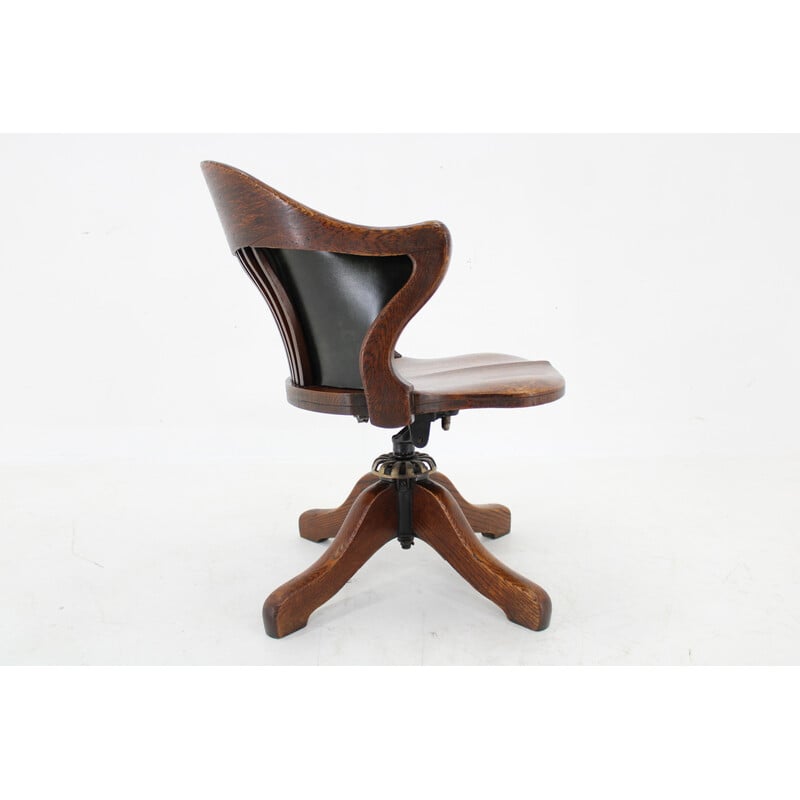 Vintage reclining office chair in oak and green leather, Germany 1930