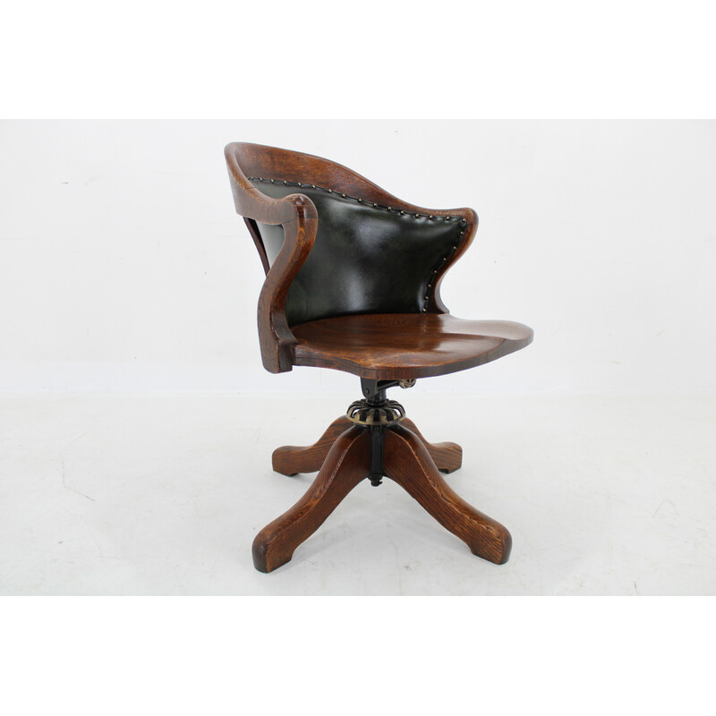 Vintage reclining office chair in oak and green leather, Germany 1930