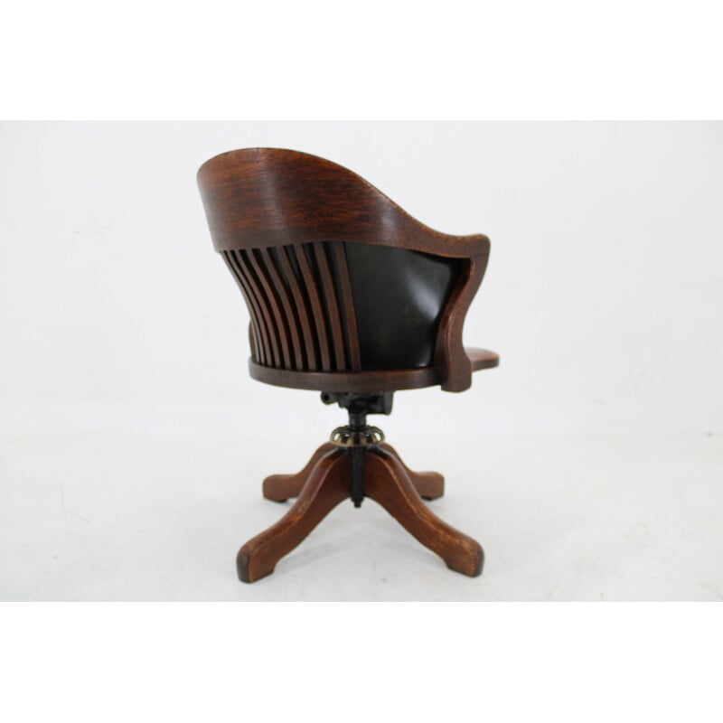 Vintage reclining office chair in oak and green leather, Germany 1930