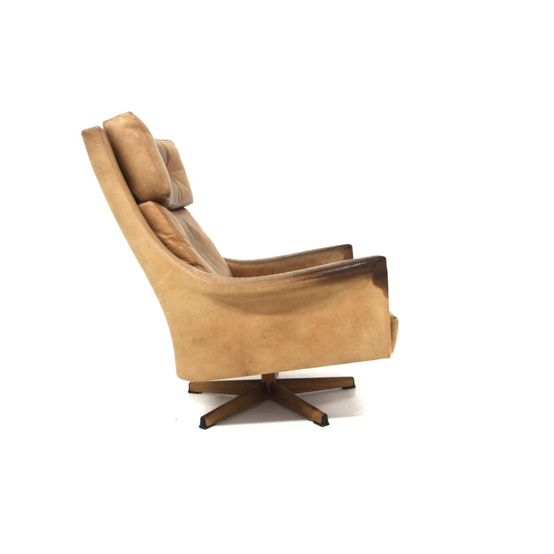 Fauteuil vintage Minerva rotatif en palissandre et cuir par Torbjørn Afdal, Suède 1960