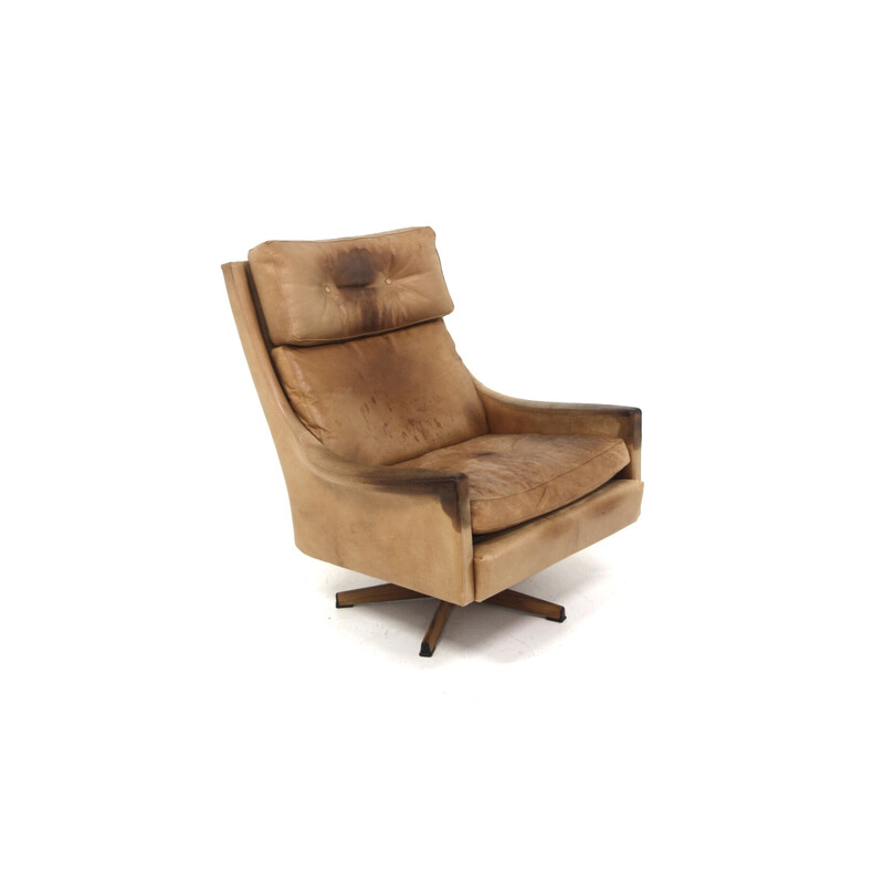 Fauteuil vintage Minerva rotatif en palissandre et cuir par Torbjørn Afdal, Suède 1960