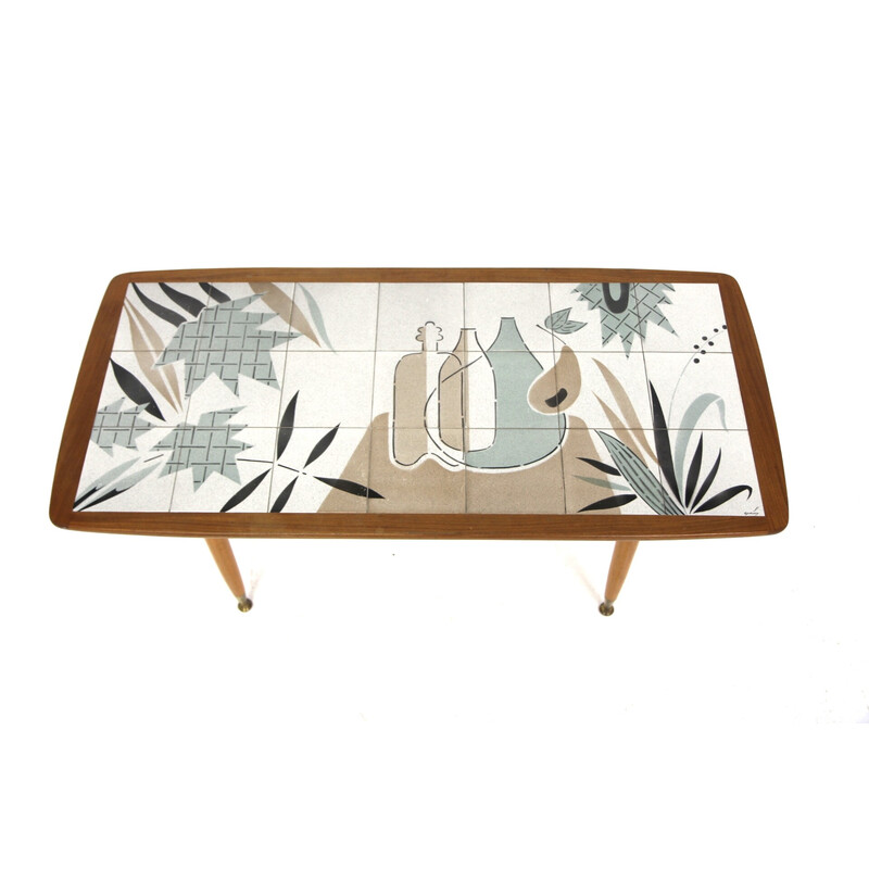 Vintage ceramic and beech coffee table for Edmund, Sweden 1960