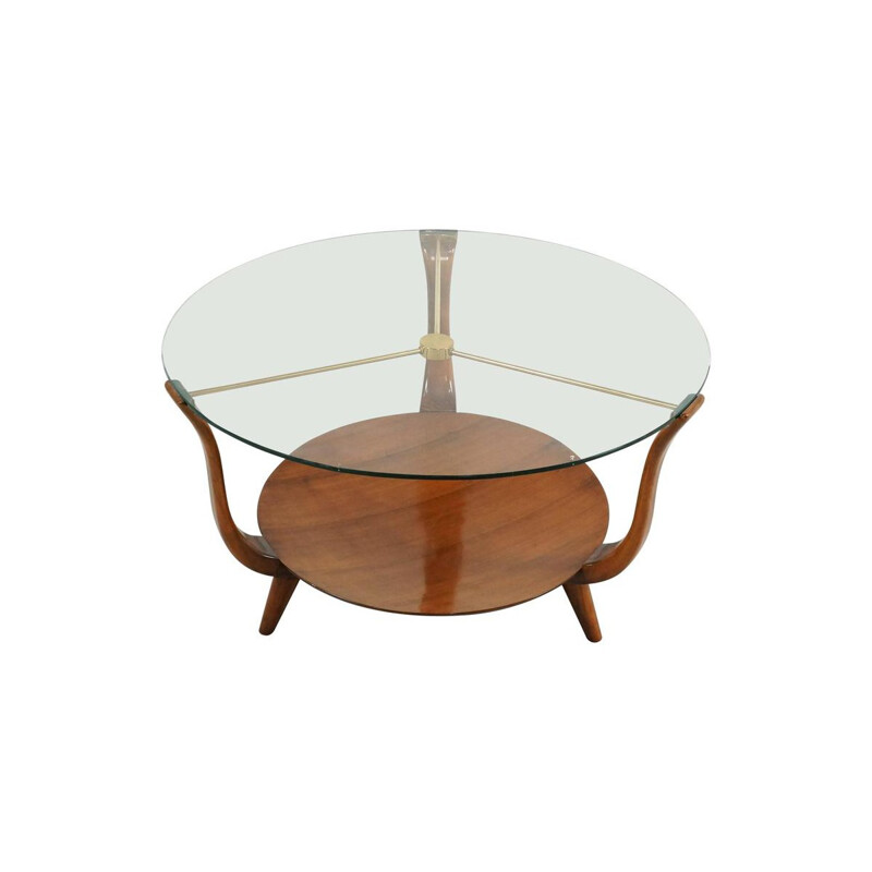 Small round Italian coffee Table in Walnut, Brass and a glass top - 1950s