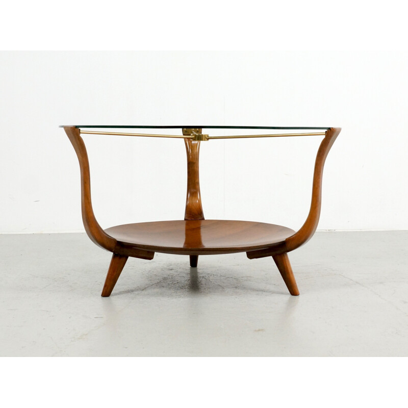 Small round Italian coffee Table in Walnut, Brass and a glass top - 1950s