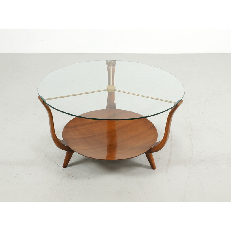 Small round Italian coffee Table in Walnut, Brass and a glass top - 1950s