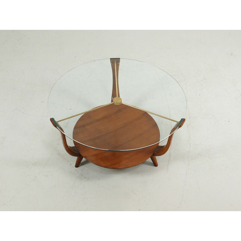 Small round Italian coffee Table in Walnut, Brass and a glass top - 1950s