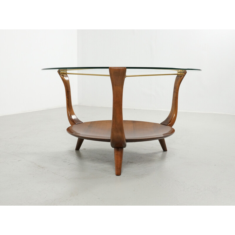 Small round Italian coffee Table in Walnut, Brass and a glass top - 1950s