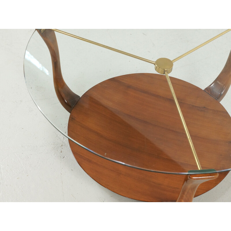 Small round Italian coffee Table in Walnut, Brass and a glass top - 1950s