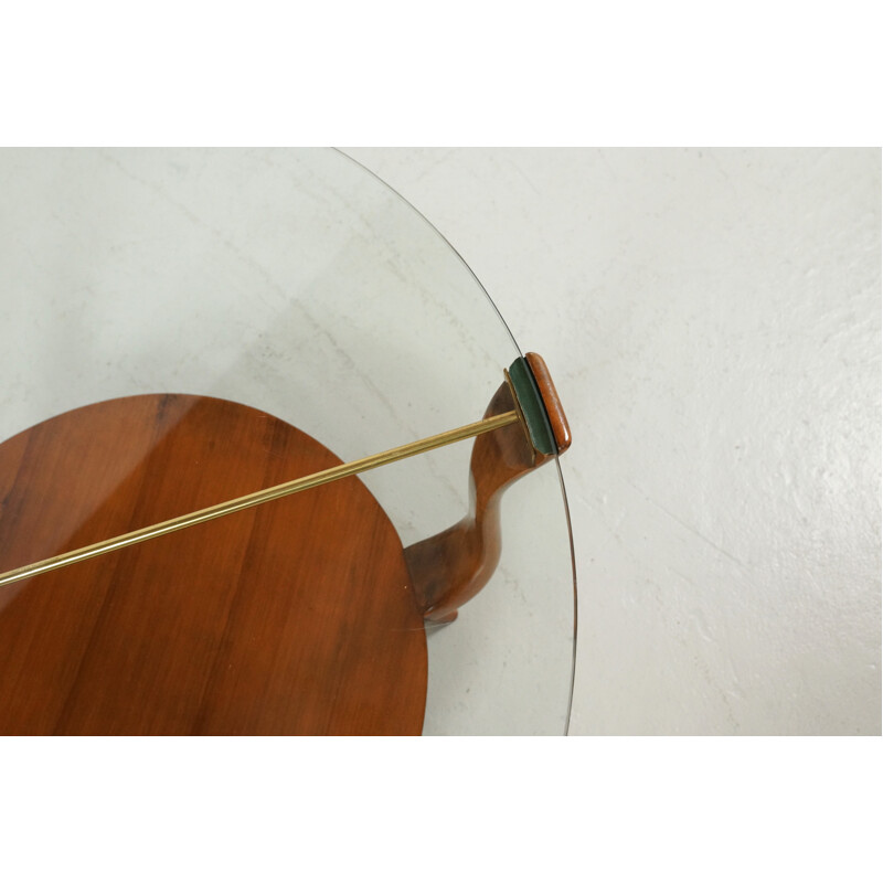 Small round Italian coffee Table in Walnut, Brass and a glass top - 1950s