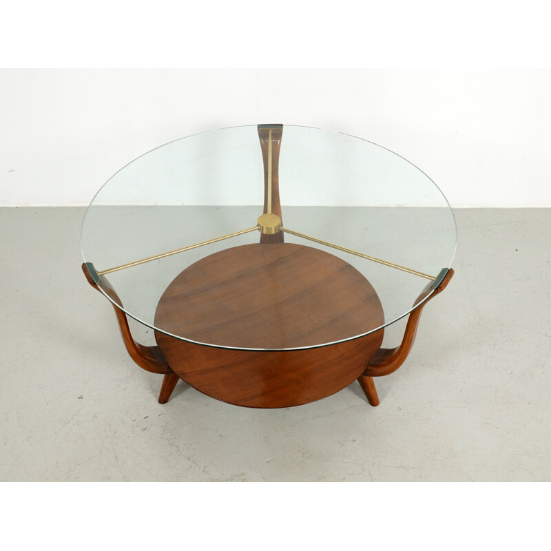 Small round Italian coffee Table in Walnut, Brass and a glass top - 1950s