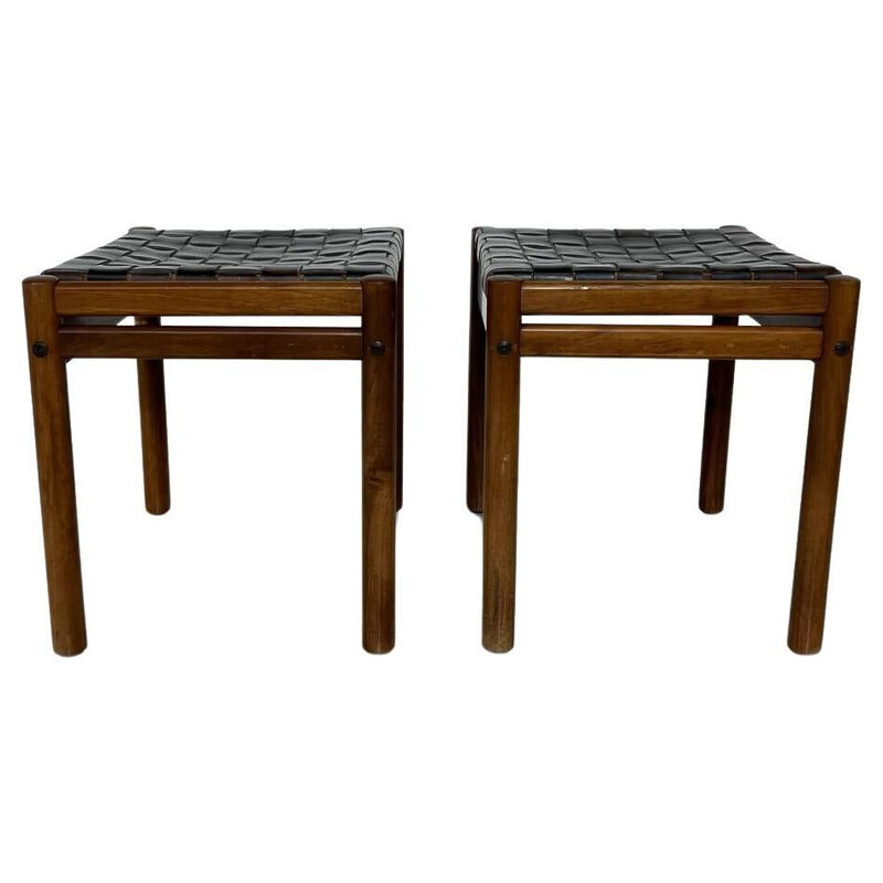 Pair of vintage stools in wood and brown leather