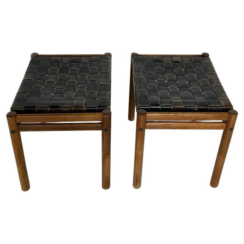 Pair of vintage stools in wood and brown leather