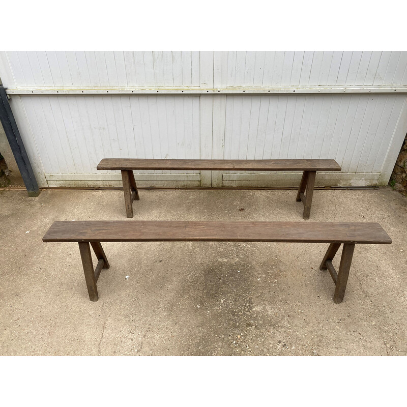 Pair of vintage solid oak farm benches, 1900