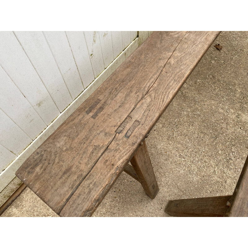 Pair of vintage solid oak farm benches, 1900