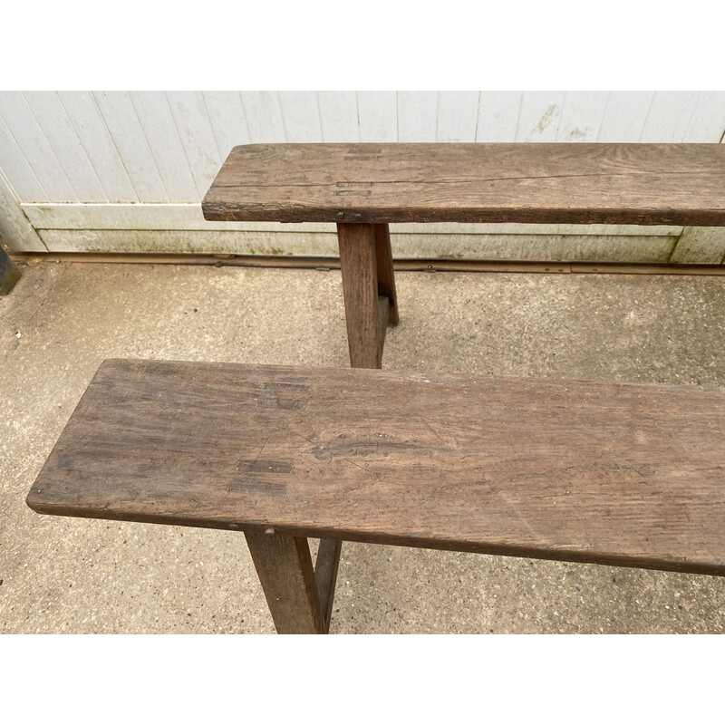 Pair of vintage solid oak farm benches, 1900