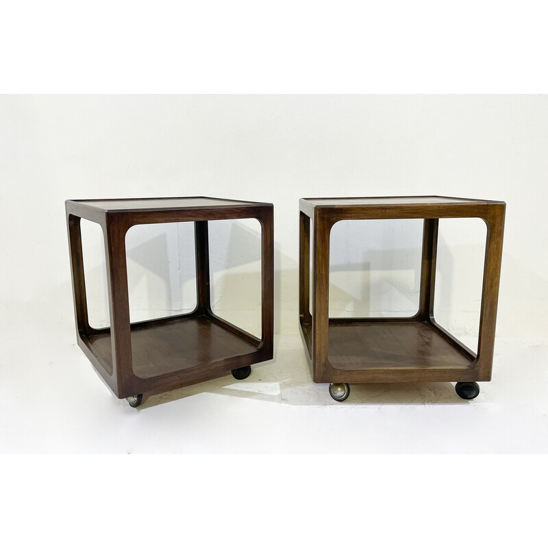Pair of vintage wooden side tables with casters, 1960