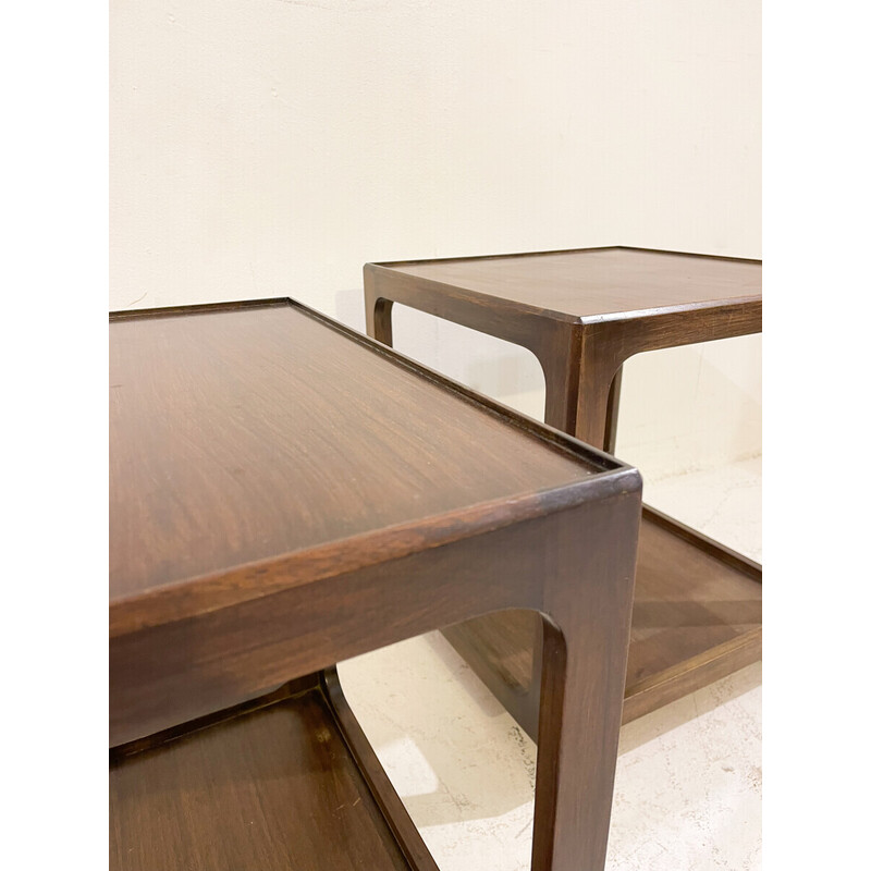 Pair of vintage wooden side tables with casters, 1960