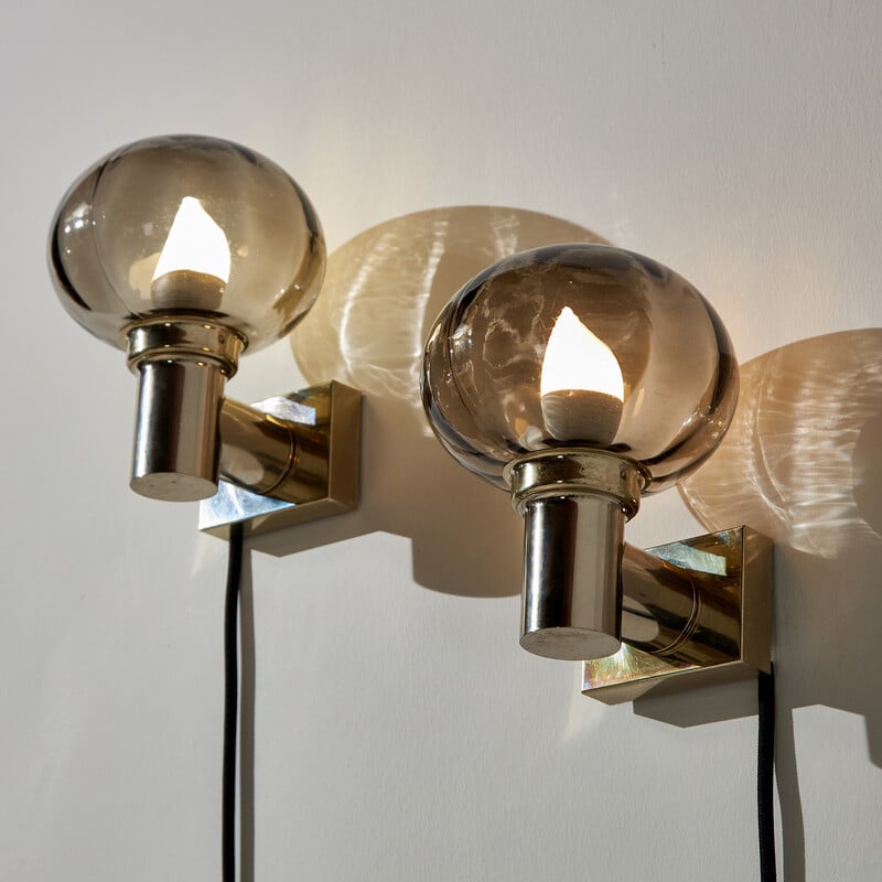 Pair of vintage sconces in smoked glass and metal, 1970